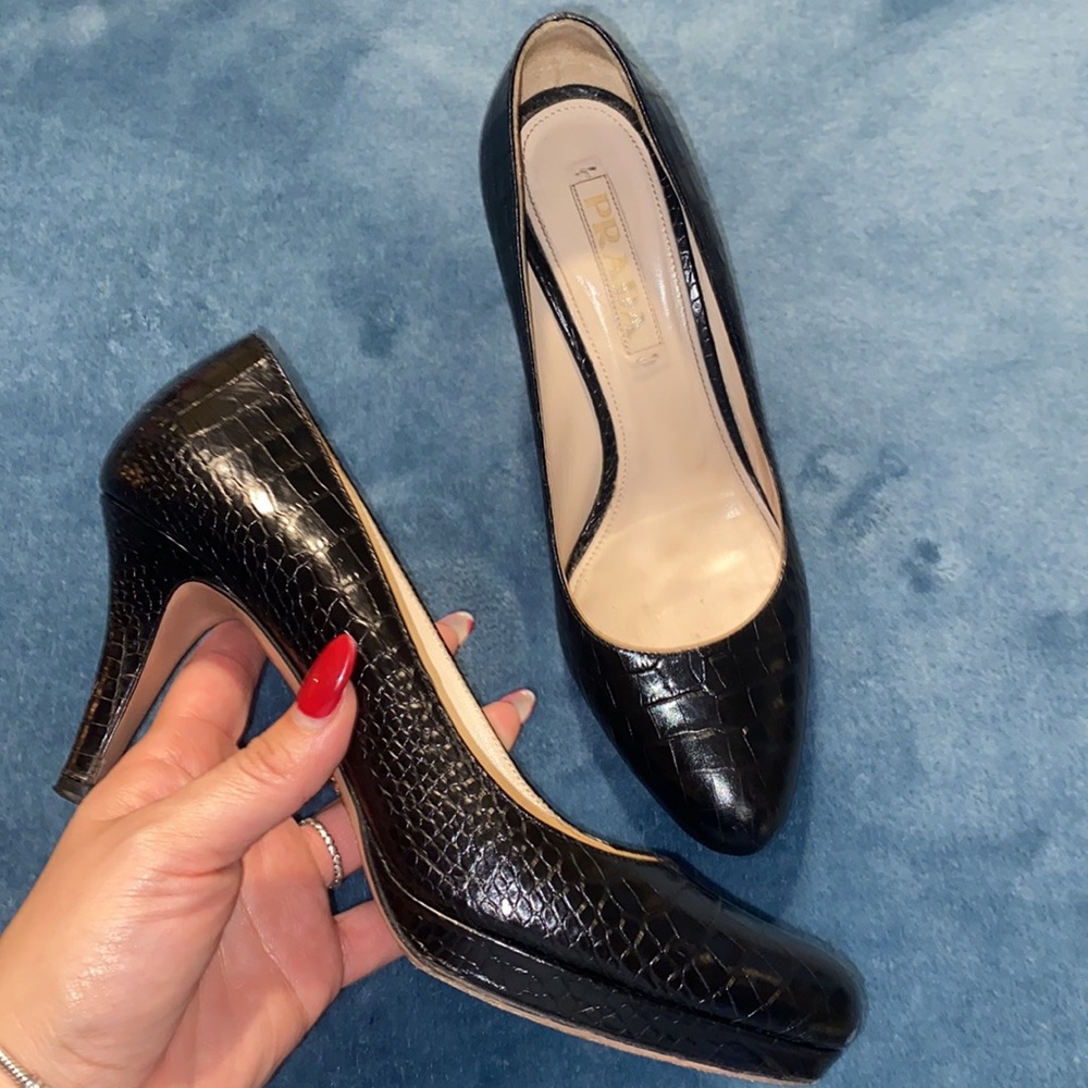 Prada croc embossed black 3” heels